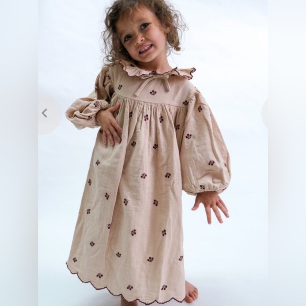 NWT Girls Beige Embroidered Cotton Dress with Ruffled Collar